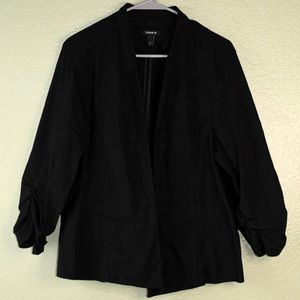 Torrid black deluxe blazer with ruched sleeve detail open front and pockets